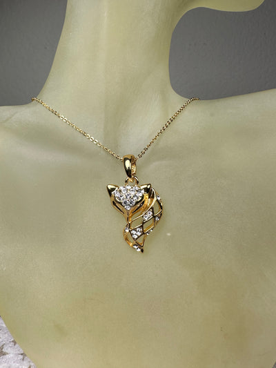 Yellow Gold Tone Fox Pendant Necklace Decorated with Crystals