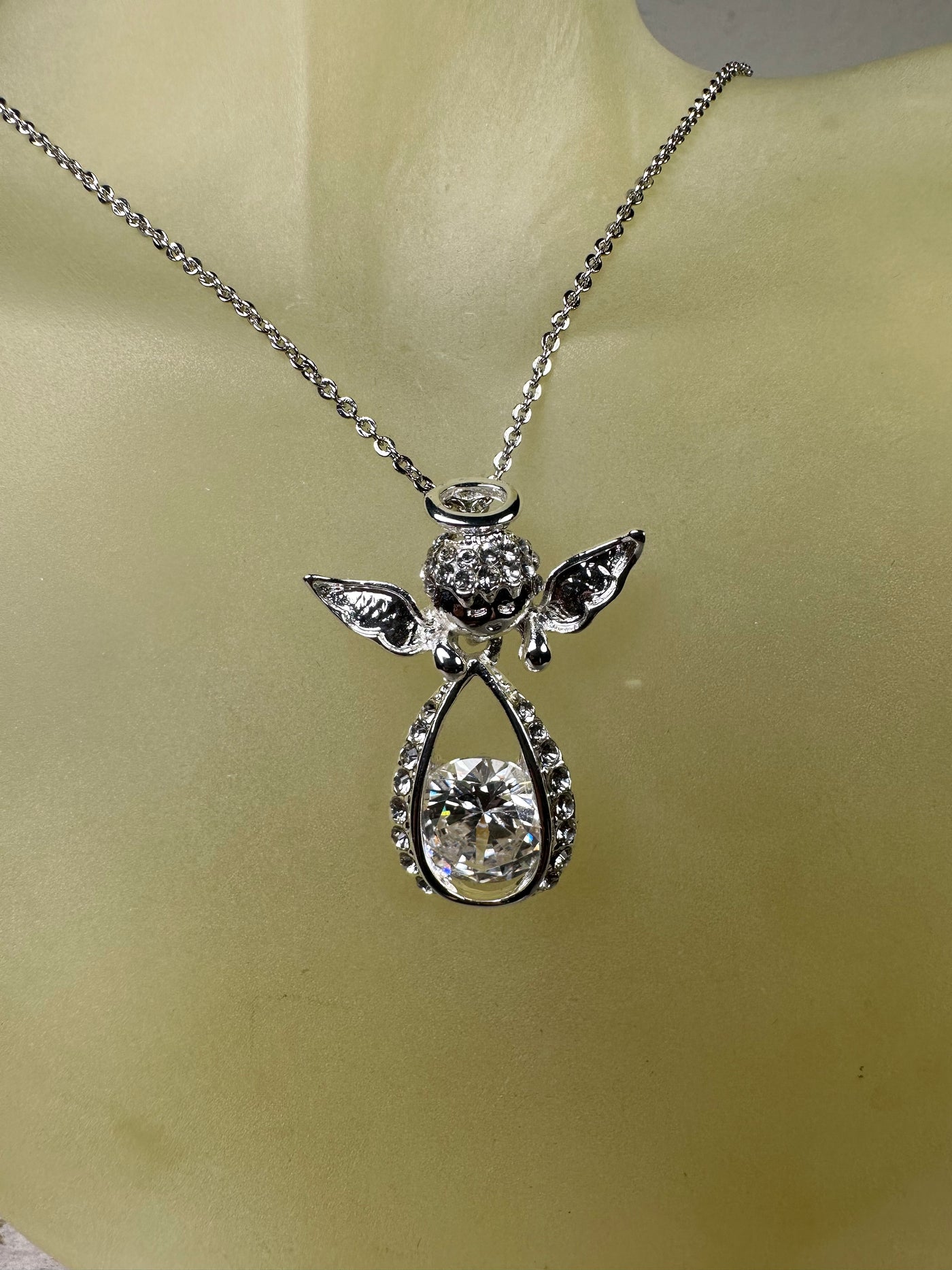 Crystal Angel Pendant Necklace in Silver Tone