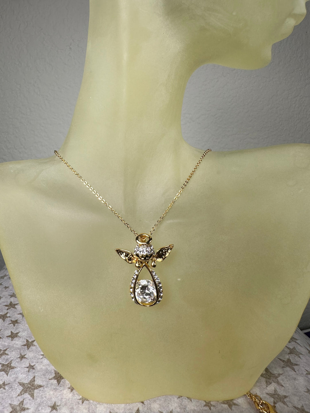 Crystal Angel Pendant Necklace in Yellow Gold Tone