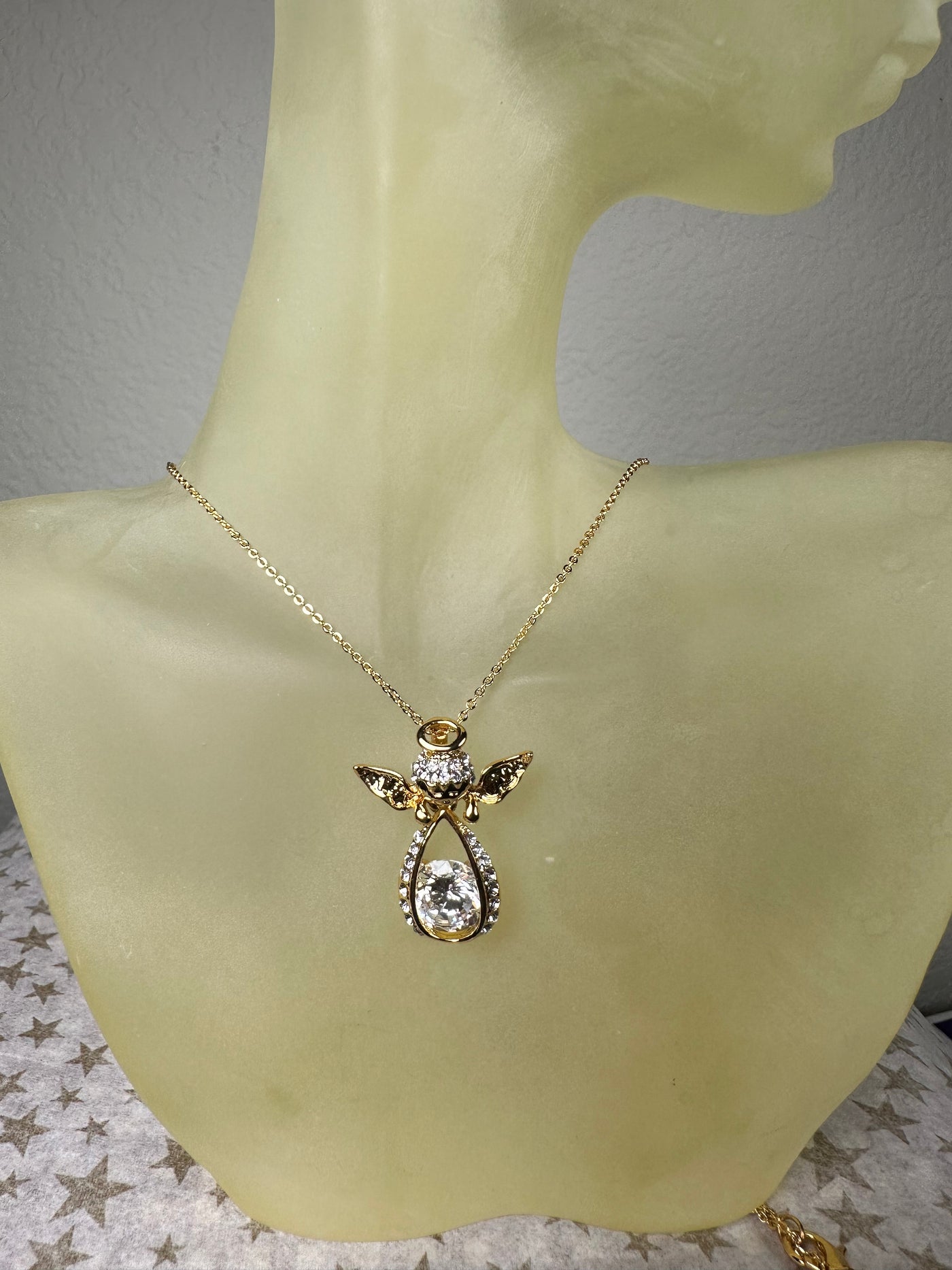 Crystal Angel Pendant Necklace in Yellow Gold Tone