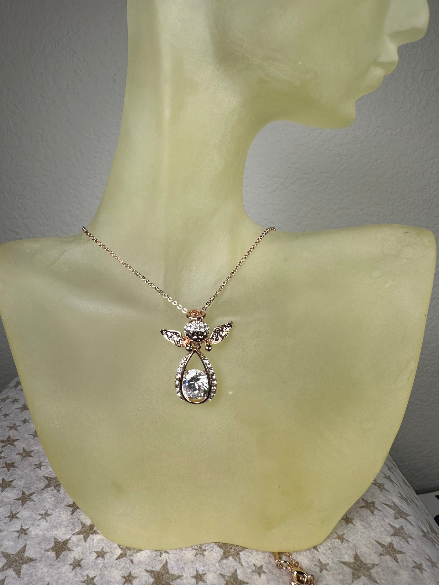 Crystal Angel Pendant Necklace in Rose Gold Tone