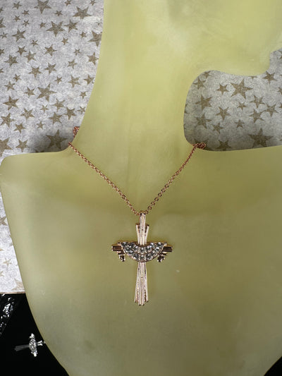Rose Gold Tone Ornate Crystal Cross Pendant Necklace