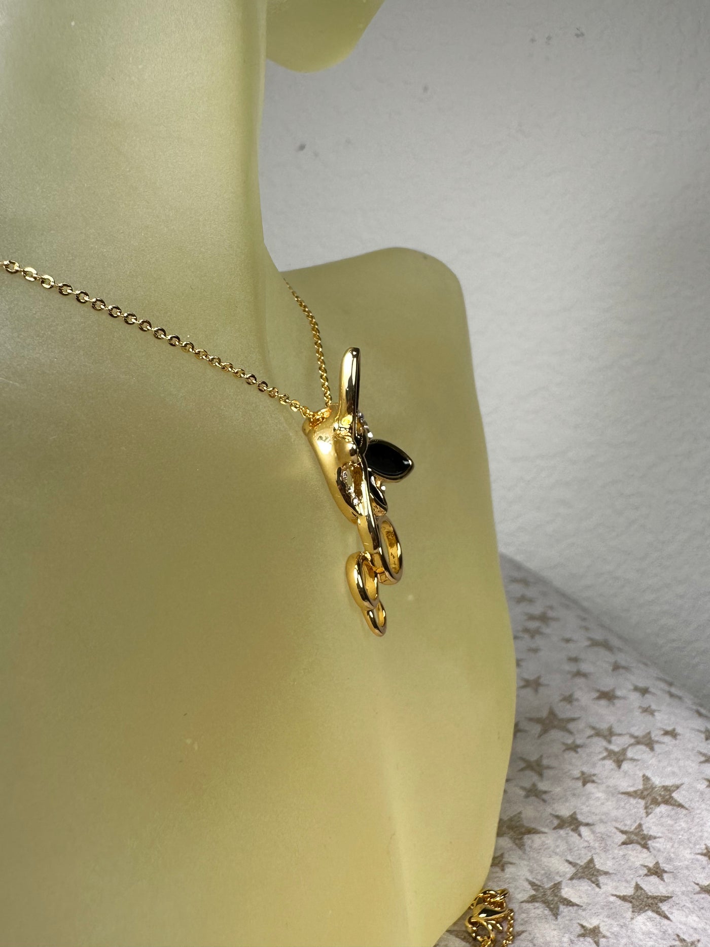 Yellow Gold Tone Enamel Dragonfly Pendant Necklace