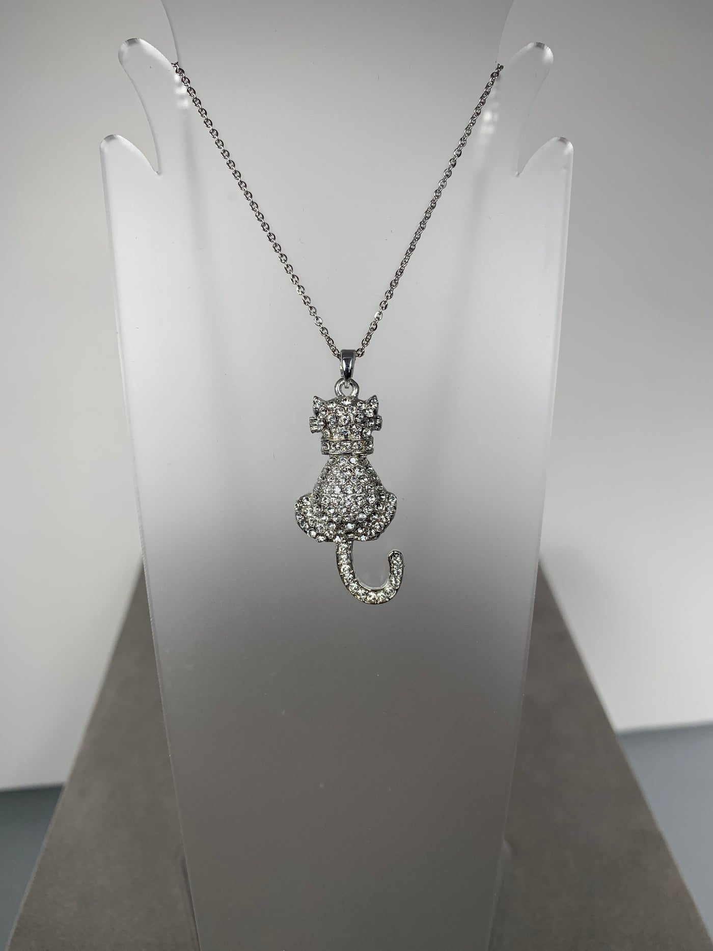 Silver Tone Crystal Kitty Cat Pendant Necklace