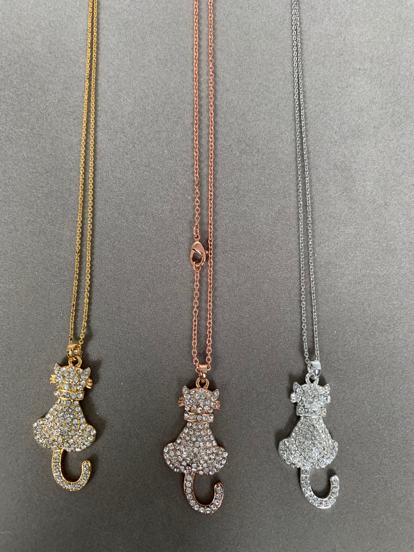 Rose Gold Tone Crystal Kitty Cat Pendant Necklace