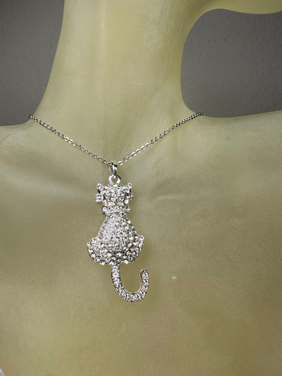 Silver Tone Crystal Kitty Cat Pendant Necklace