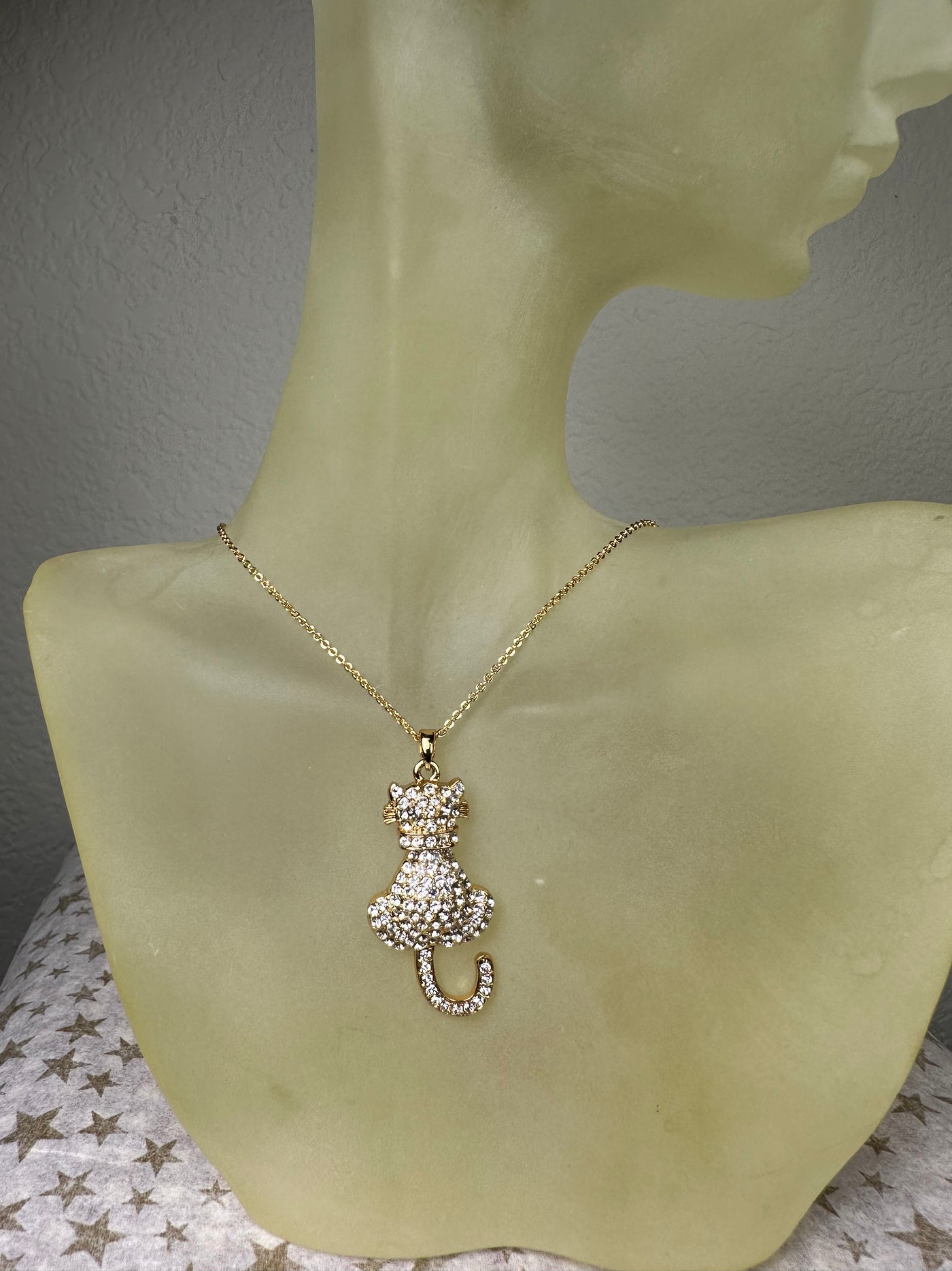 Yellow Gold Tone Crystal Kitty Cat Pendant Necklace