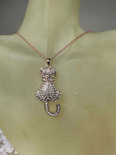 Rose Gold Tone Crystal Kitty Cat Pendant Necklace