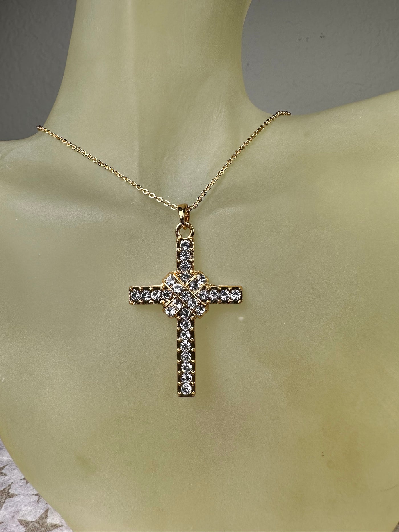 Yellow Gold Tone Crystal Cross Pendant Necklace