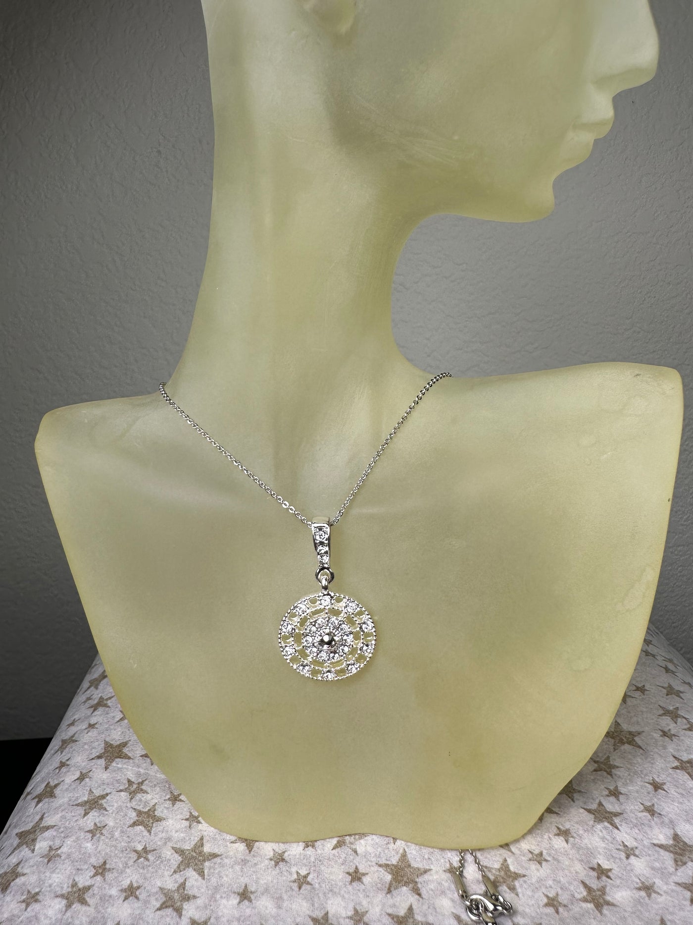 Silver Tone Crystal Round Medallion Pendant Necklace