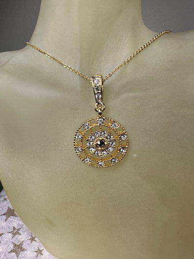 Yellow Gold Tone Crystal Round Medallion Pendant Necklace