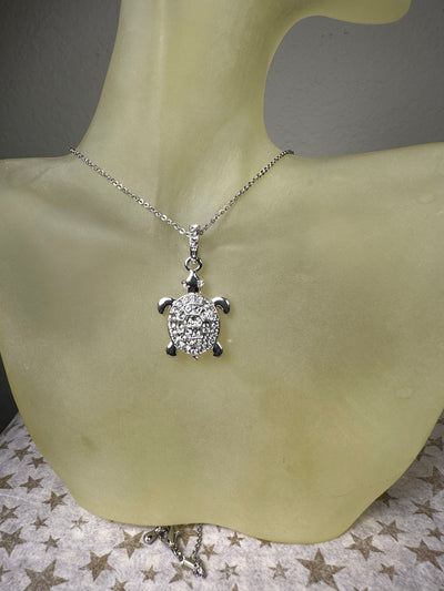 Silver Tone Crystal Turtle Pendant Necklace