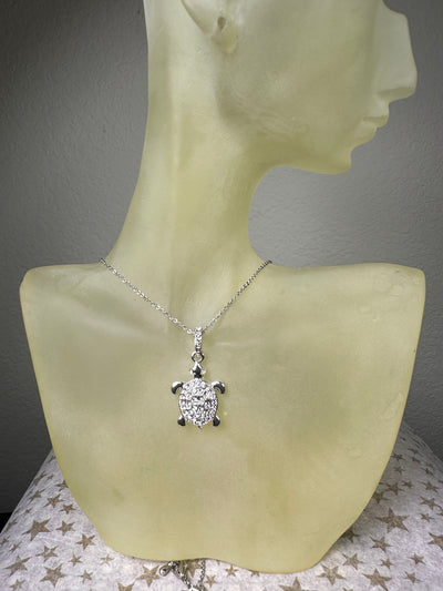 Silver Tone Crystal Turtle Pendant Necklace