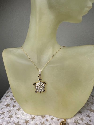 Yellow Gold Tone Crystal Turtle Pendant Necklace