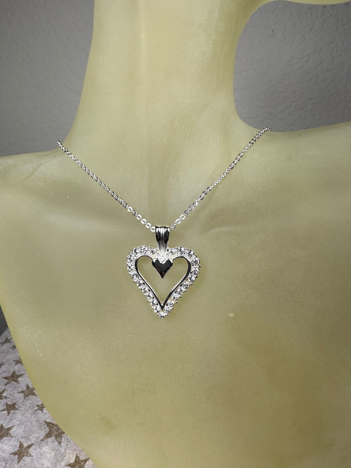Silver Tone Crystal Heart Pendant and Chain Necklace
