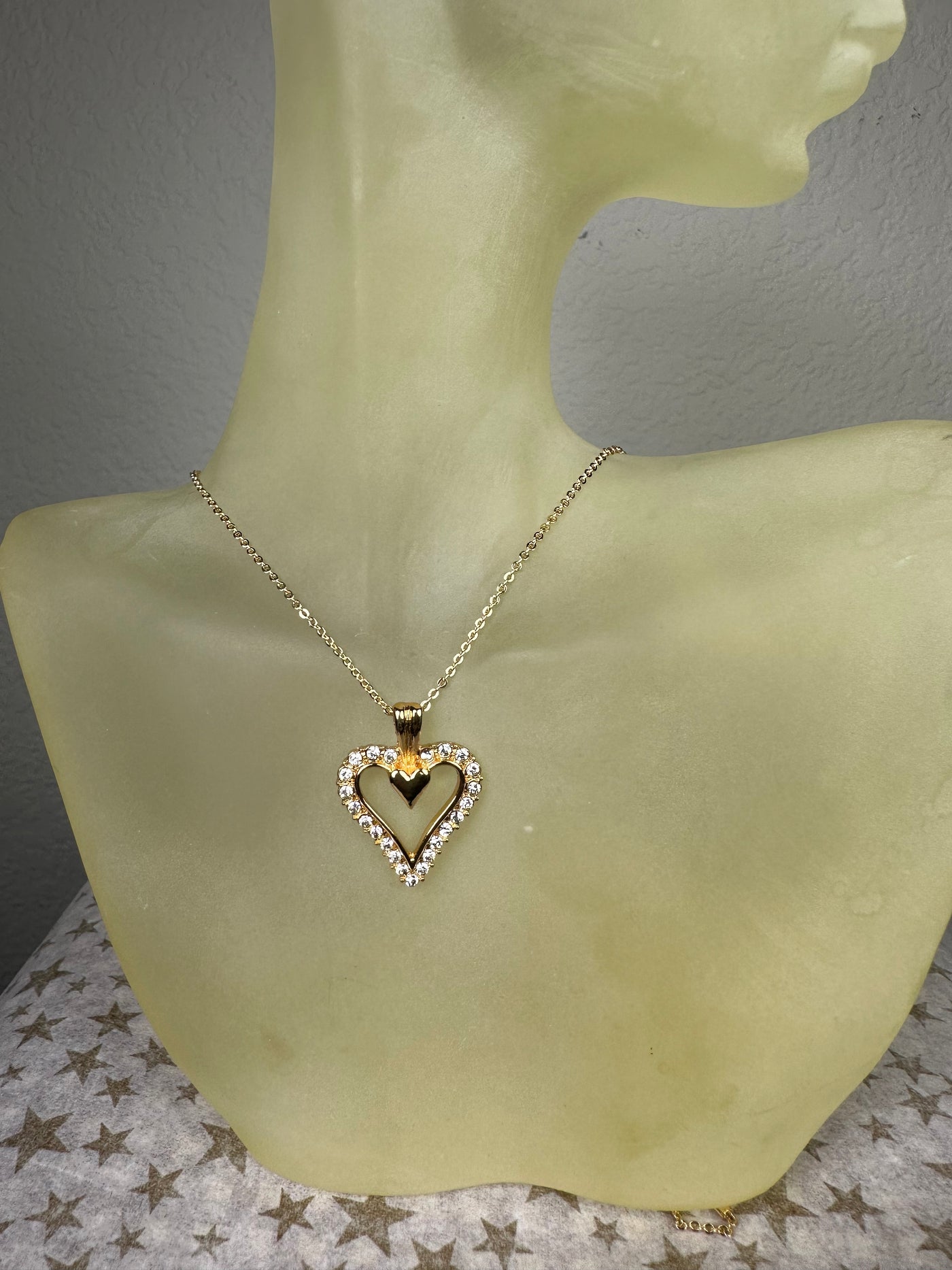 Gold Tone Crystal Heart Pendant and Chain Necklace