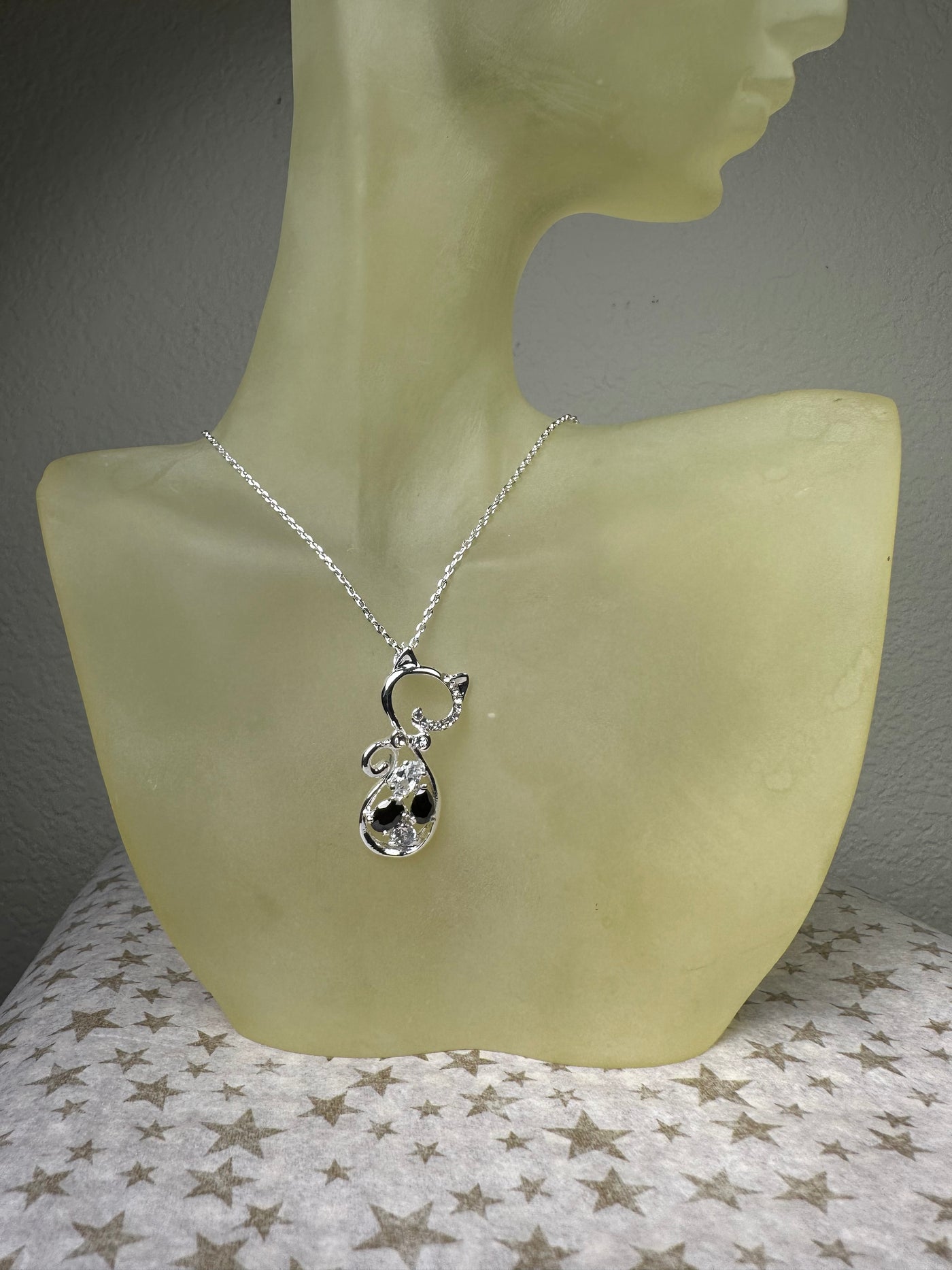 Cat Pendant and Chain Necklace in Silver Tone and Crystals