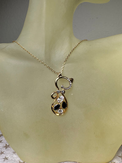 Cat Pendant and Chain Necklace in Yellow Gold Tone and Crystals