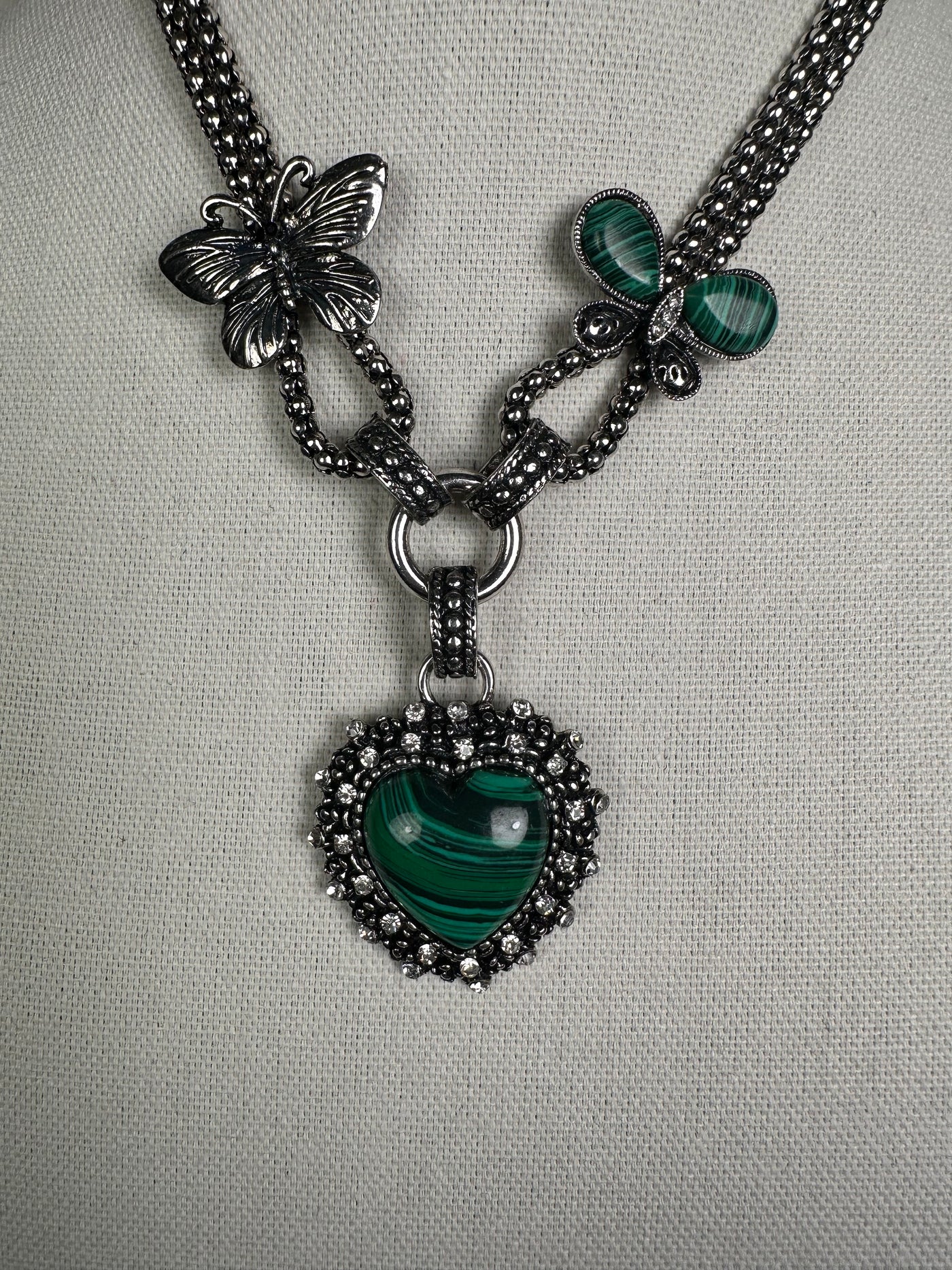 Silver Tone Necklace Featuring a Howlite Malachite Heart Pendant