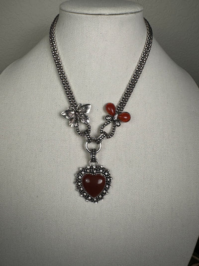 Silver Tone Necklace Featuring a Howlite Red Agate Heart Pendant