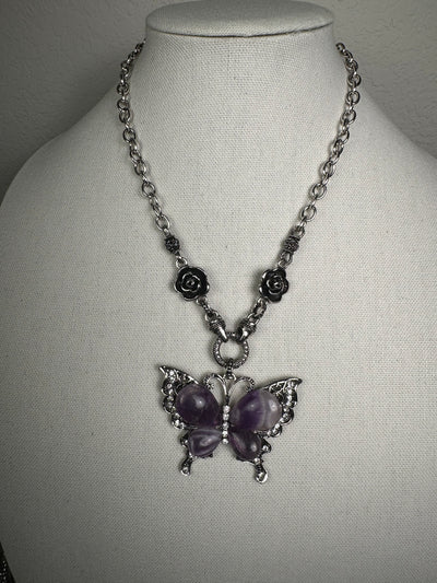 Silver tone Necklace with Purple Howlite Amethyst Butterfly Pendant