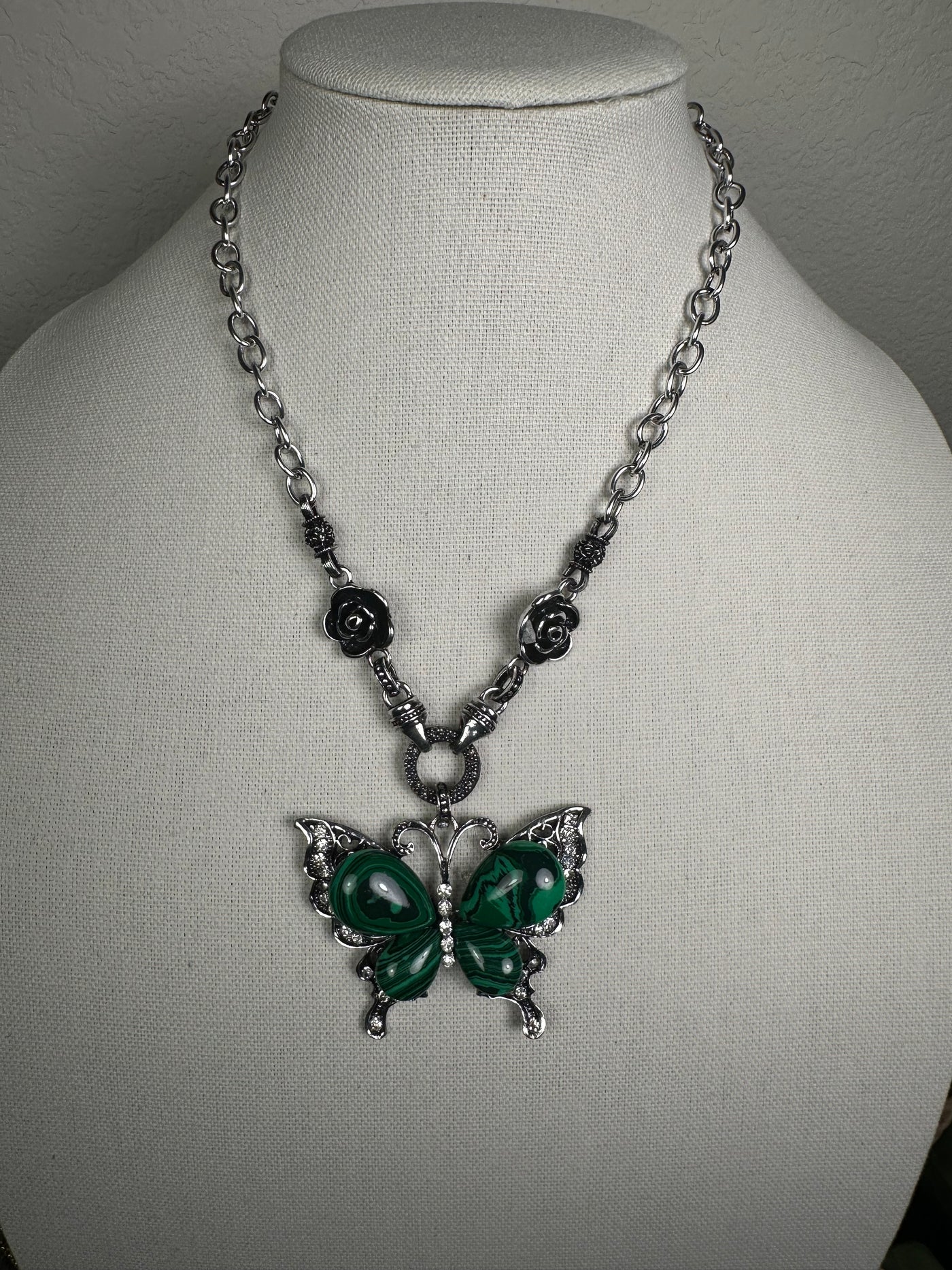 Silver tone Necklace with Green Howlite Malachite Butterfly Pendant