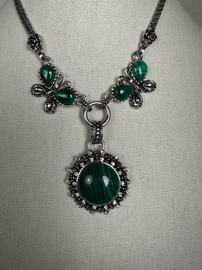 Silver Tone Necklace with Round Green Howlite Malachite Drop Pendant with Crystals