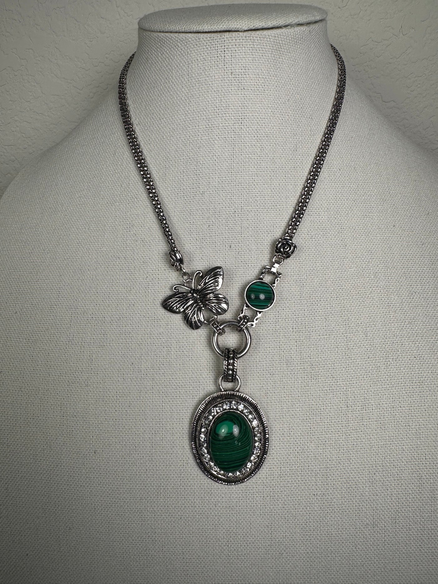 Silver Tone Necklace with an Oval Green Howlite Malachite Drop