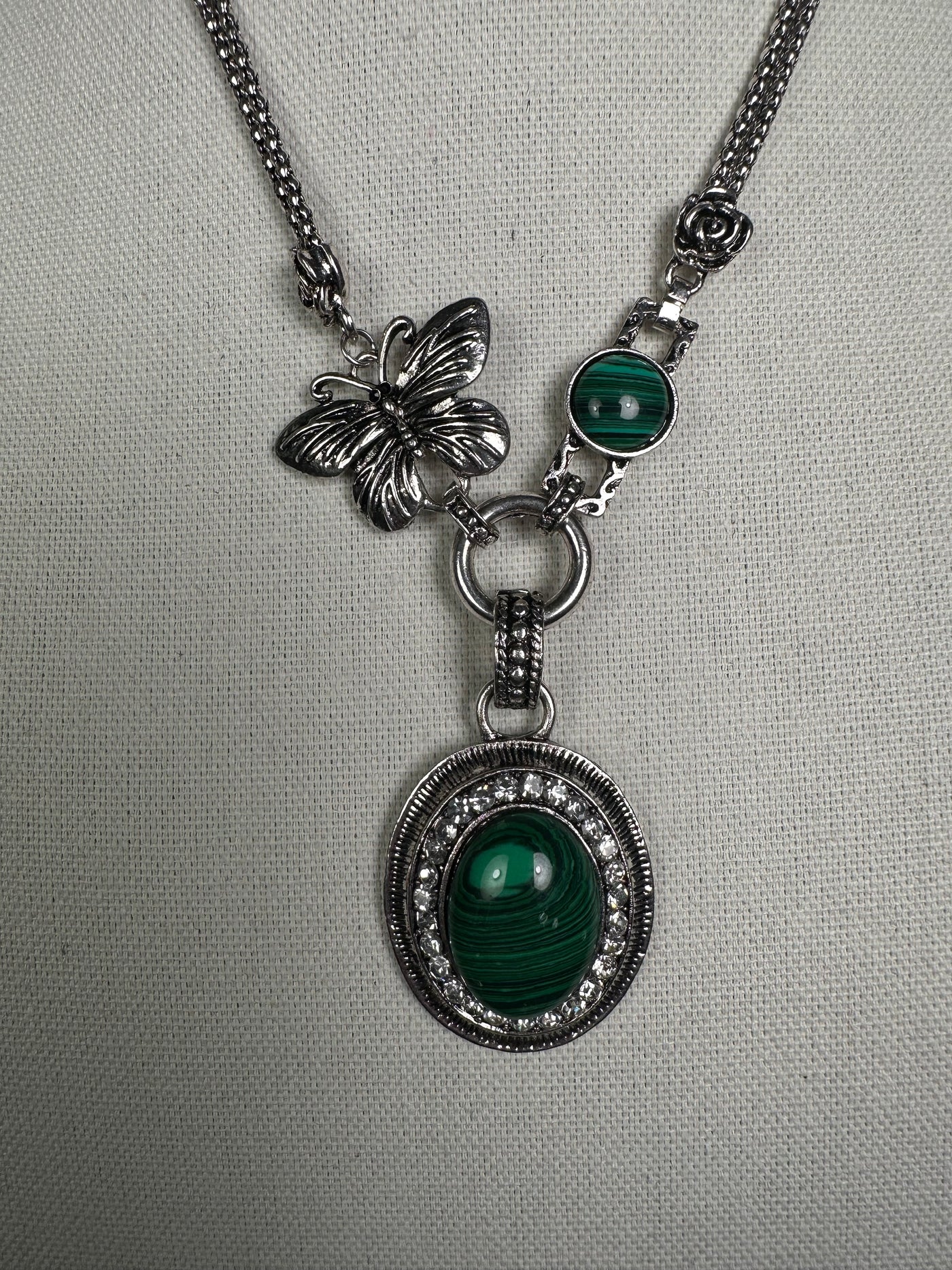 Silver Tone Necklace with an Oval Green Howlite Malachite Drop