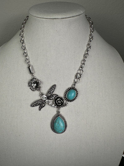 Silver Tone Blue Howlite Turquoise Necklace Featuring Dragonfly