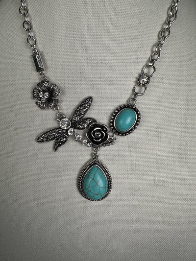 Silver Tone Blue Howlite Turquoise Necklace Featuring Dragonfly