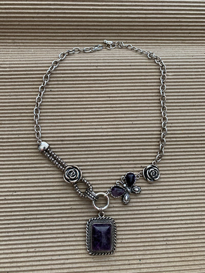 Silver Tone Necklace with a Rectangular Howlite Amethyst Drop