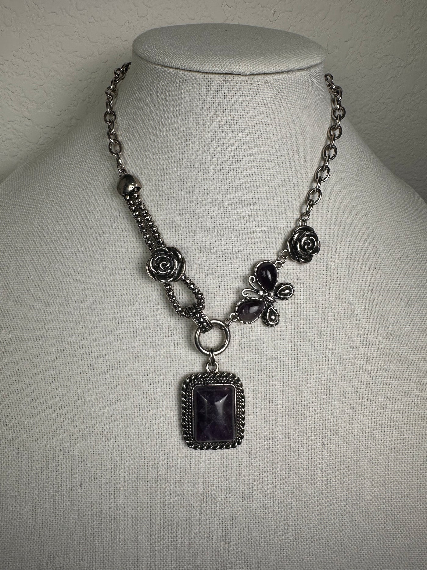 Silver Tone Necklace with a Rectangular Howlite Amethyst Drop