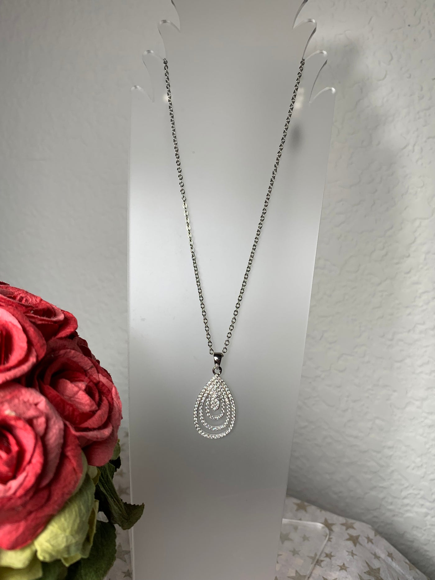 4 Layer Tear Shape Loop CZ Pendant in Silver and Rose Gold Tone