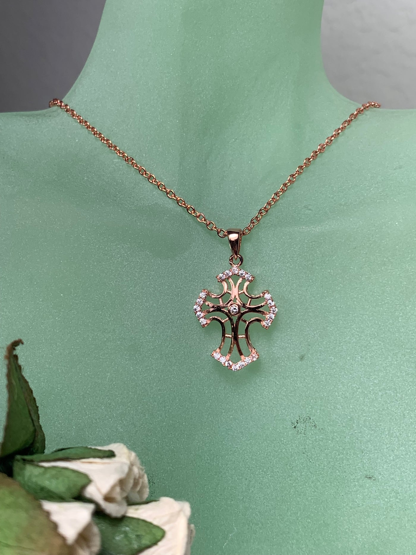 Filigree Style CZ Cross Pendant in Silver, Yellow Gold and Rose Gold Tone