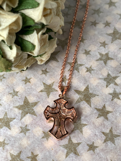 Filigree Style CZ Cross Pendant in Silver, Yellow Gold and Rose Gold Tone