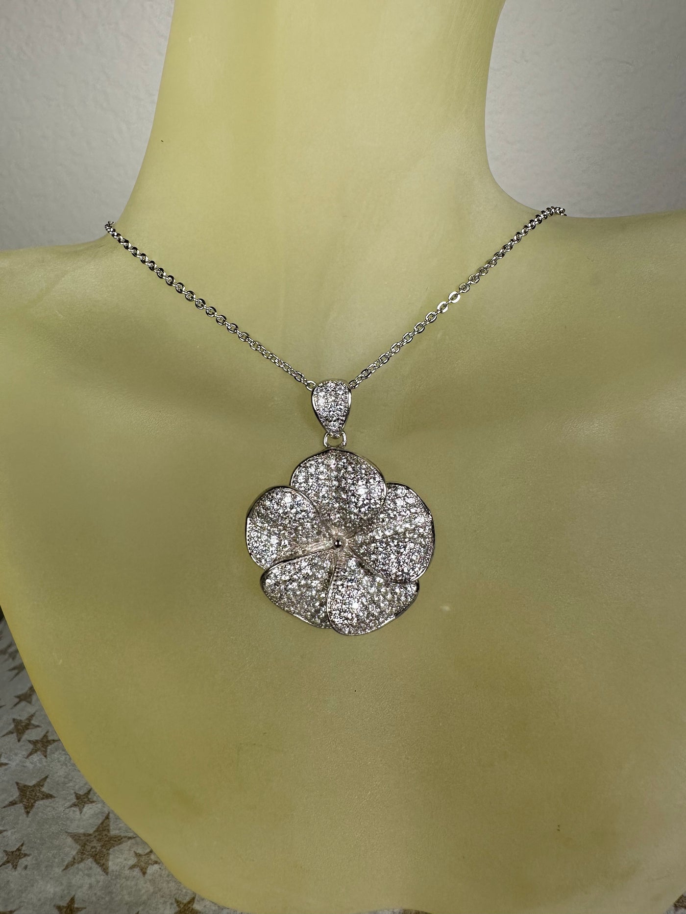 "Larger" Pave Set Cubic Zirconia Flower Pendant in Silver, Yellow Gold and Rose Gold Tone