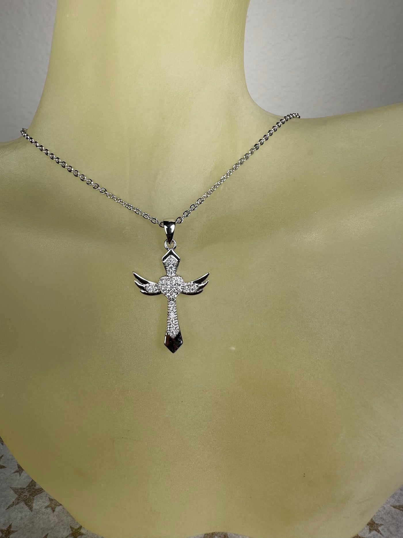 Cubic Zirconia Cross Pendant with Wings & Heart in Silver, Yellow Gold and Rose Gold Tone