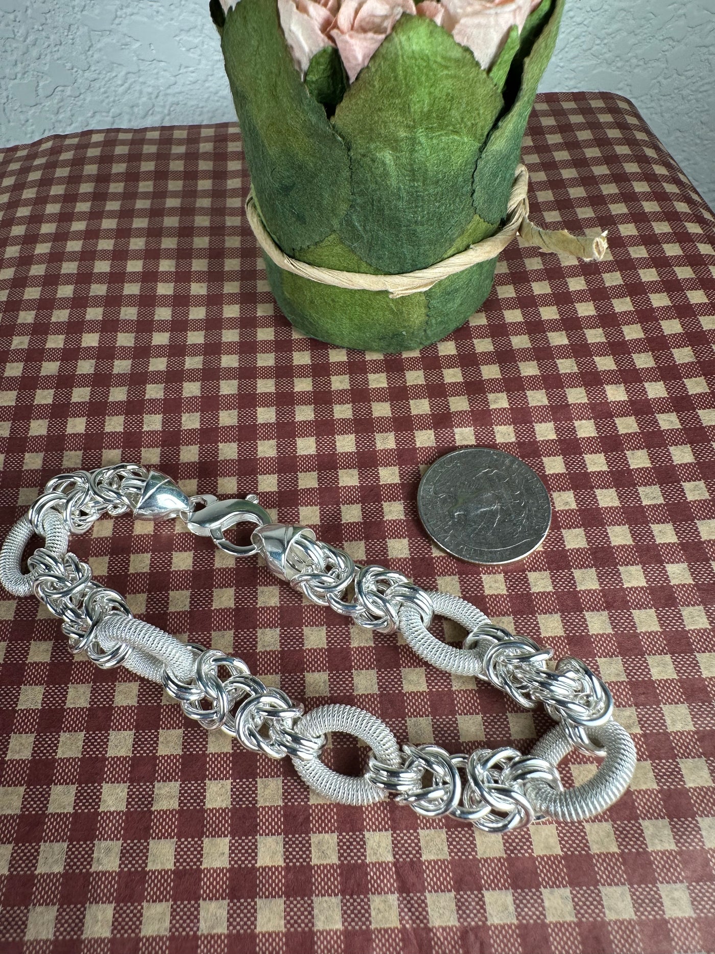 Sterling Silver Oval Link and Byzantine Chain Bracelet from Italy