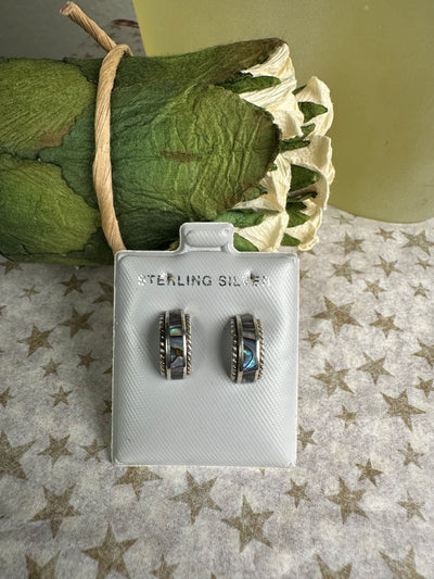 Sterling Silver and Inlaid Abalone Shell Half Hoop Earrings