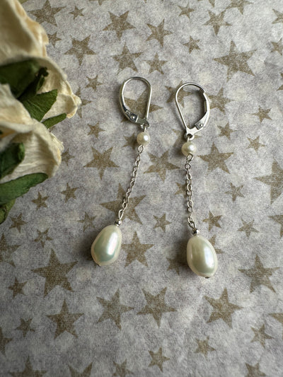 Sterling Silver and Genuine Pearl Linear Dangling Earrings