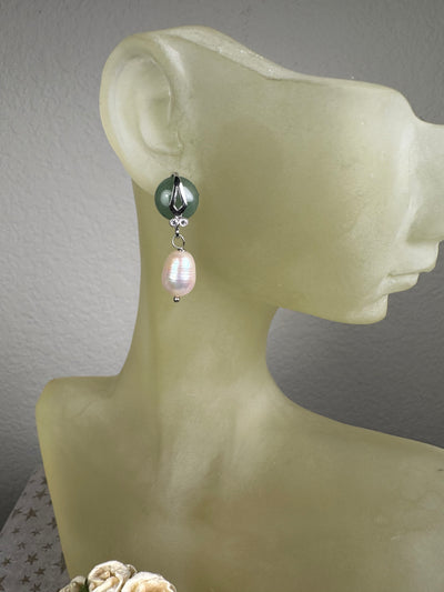 Pearl and Aventurine Dangling Earrings in Sterling Silver