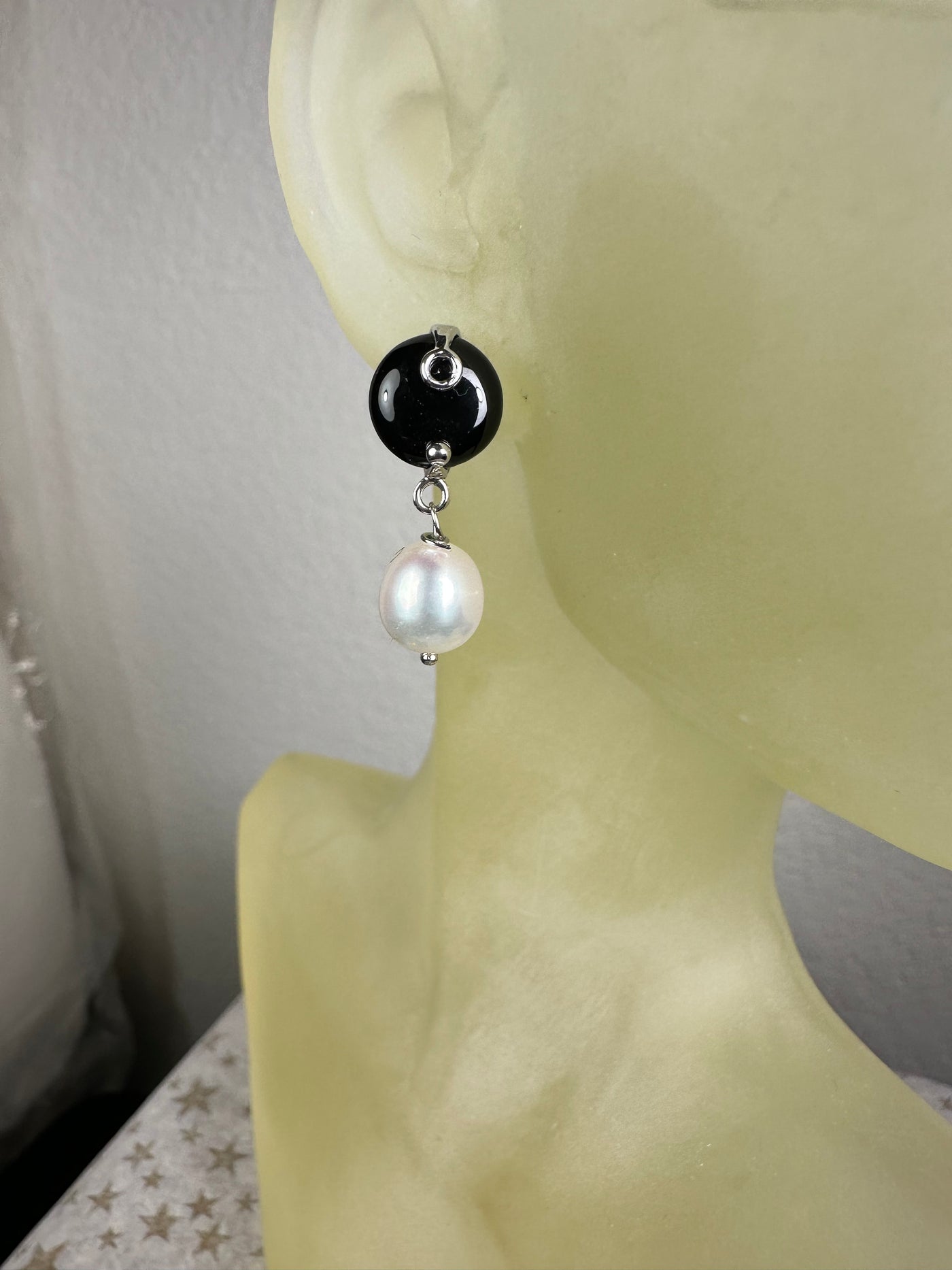 Black Agate Button and Dangling Pearl Earrings in Sterling Silver