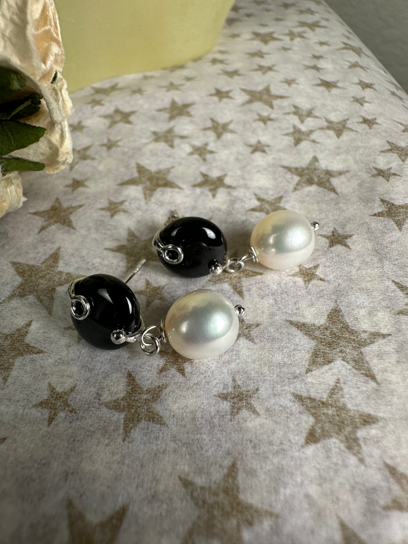 Black Agate Button and Dangling Pearl Earrings in Sterling Silver