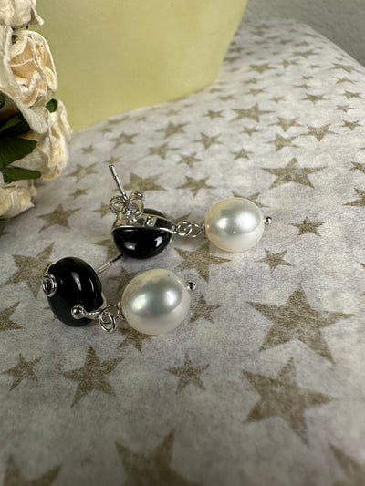 Black Agate Button and Dangling Pearl Earrings in Sterling Silver