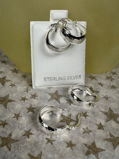 Sterling Silver 13mm Hammered Wide Bottom Hoop Earrings