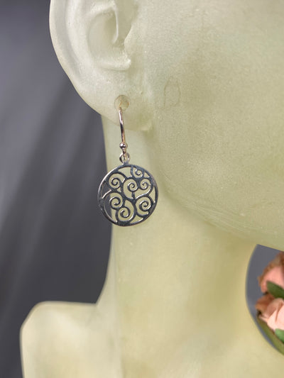 Sterling Silver Round Disk with Filigree Design Dangling Earrings