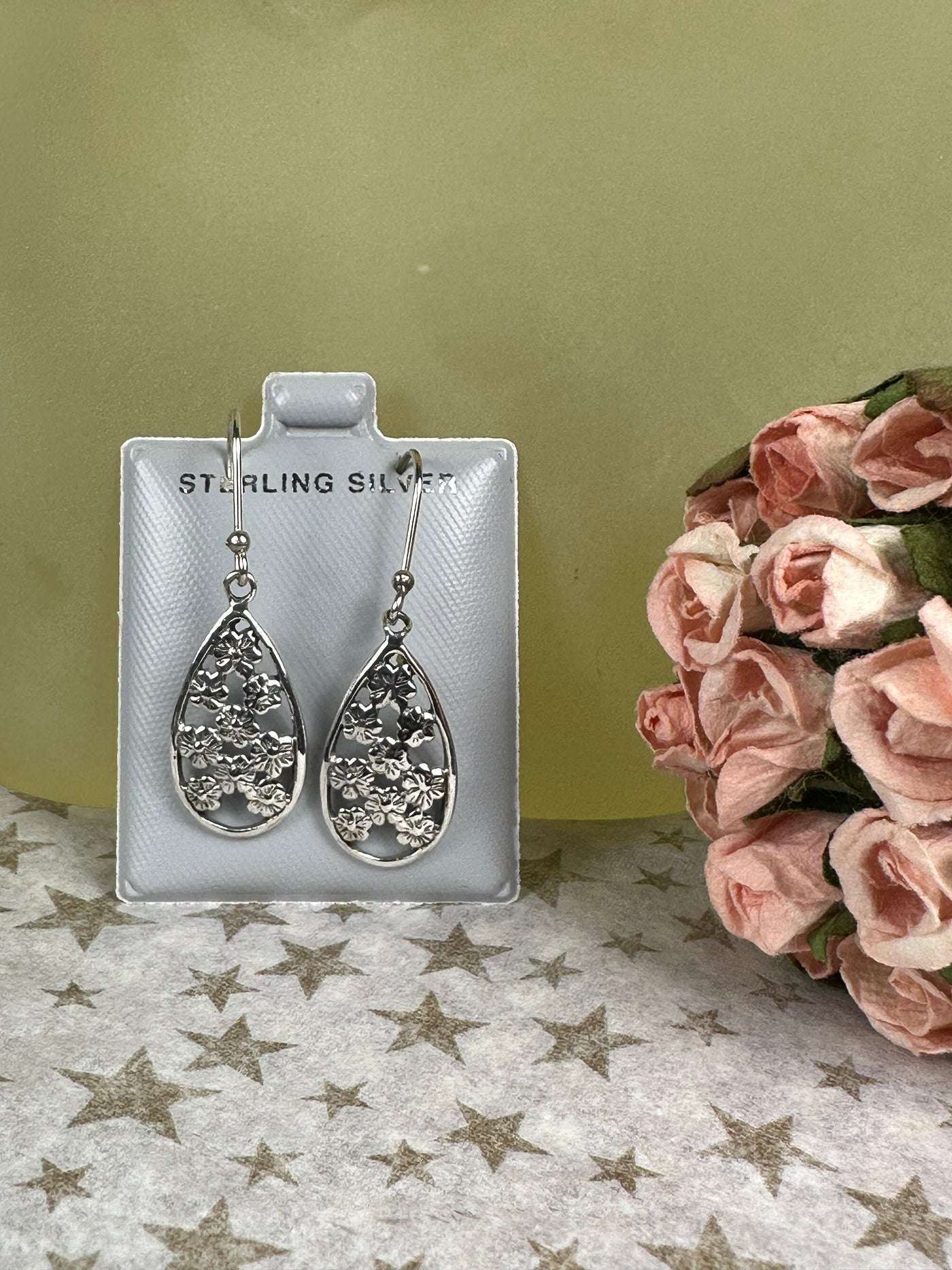 Sterling Silver Tear Shape Dangling Earrings with Flowers