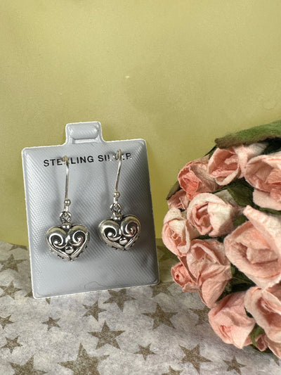 Sterling Silver Dangling Filigree Heart Earrings