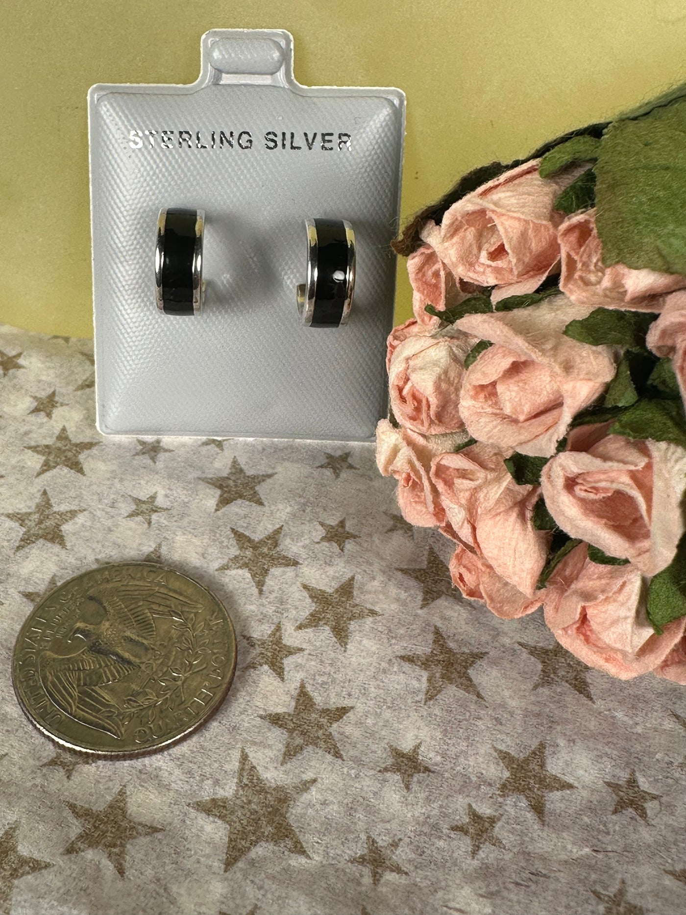Sterling Silver Black Enamel 3/4 Hoop Earrings on Post